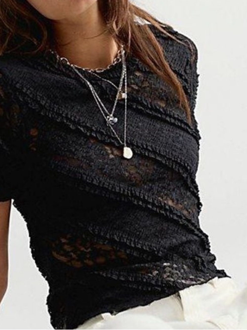 Free People Black Solita Sheer Lace Textured Short Sleeve Tee